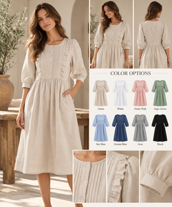 Vestido Vintage para Mujer con Volantes, Botones, Cintura Alta, Manga Abullonada, Cuello en V, Tejido de Algodón, Silueta en A, Transpirable, Casual, Verano, Ocio - Product Image 2