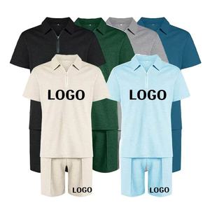 Conjunto de 2 piezas de camiseta y pantalón corto de algodón personalizado para hombre, talla grande, con cremallera, estilo polo, para verano, venta al por mayor - Product Image 3