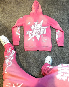 Custom Pink Solid Zip-Up Hoodie Jogger Set Lightweight Cotton Blend Men's Winter Casual Eco-Friendly Streetwear Tracksuit - Product Image 2