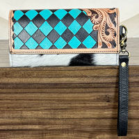 Nouveauté : Pochette à main pour femme en cuir de vachette véritable, style western, à motifs à carreaux, avec porte-cartes et dragonne