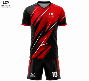 ชุดเสื้อฟุตบอลสีแดงดำแบบกำหนดเอง, ชุดยูนิฟอร์มฟุตบอลชายแบบซับลิเมชั่นพร้อมกางเกงขาสั้น, ผู้ผลิตชุดกีฬาทีมขายส่ง - Product Image 2