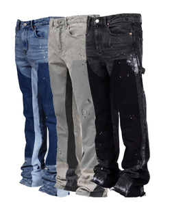 Jean évasé empilé pour homme, en denim tissé formel, peint à la main, noir, avec empiècements contrastants, écologique, délavé léger, collection automne - Product Image 1