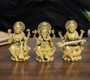 Idole longue en laiton pur plaqué Jaipur Metals, représentant Lotus, Lakshmi, Ganesh et Saraswati |   Artisanat métallique |   Fait main et respectueux de l'environnement |   Feng Shui | - Product Image 6