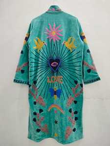 Manteau long en velours imprimé floral cœur d'amour, style Kantha indien, pour femme, avec cordon de serrage, 100 % coton - Product Image 3
