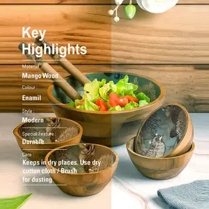 Juego de Tazones de Madera para Servir, Exterior de Madera Natural con Interior Esmaltado, Vajilla Rústica y Moderna - Product Image 3