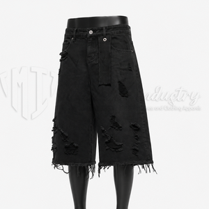 Custom <b>Black</b> Solid Distressed Denim Jorts for <b>Men</b> Baggy Knee Length Front Logo Jeans <b>Shorts</b> OEM ODM Wholesale - Product Image 3
