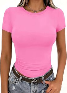 Camiseta Corta de Cuello Redondo Rosa para Mujer, Ajustada, de Color Sólido, Informal, de Jersey, Transpirable, para Primavera y Verano - Product Image 4