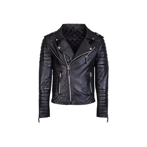 Veste moto pour homme en cuir véritable avec fermeture éclair, détails matelassés, coupe ajustée, style hiver, doublure en fausse fourrure, logo sur le devant - Product Image 1