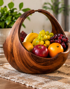 Grand saladier décoratif en bois sculpté moderne avec poignée pour fruits, idéal pour la cuisine et les fêtes, non toxique - Product Image 1
