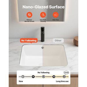 Lavabo Rettangolare Sottopiano in Ceramica Bianca 15.75 X 12.01 Pollici con Foro di Troppopieno, Montaggio a Incasso 15.75 X 12.01 Pollici - Product Image 3