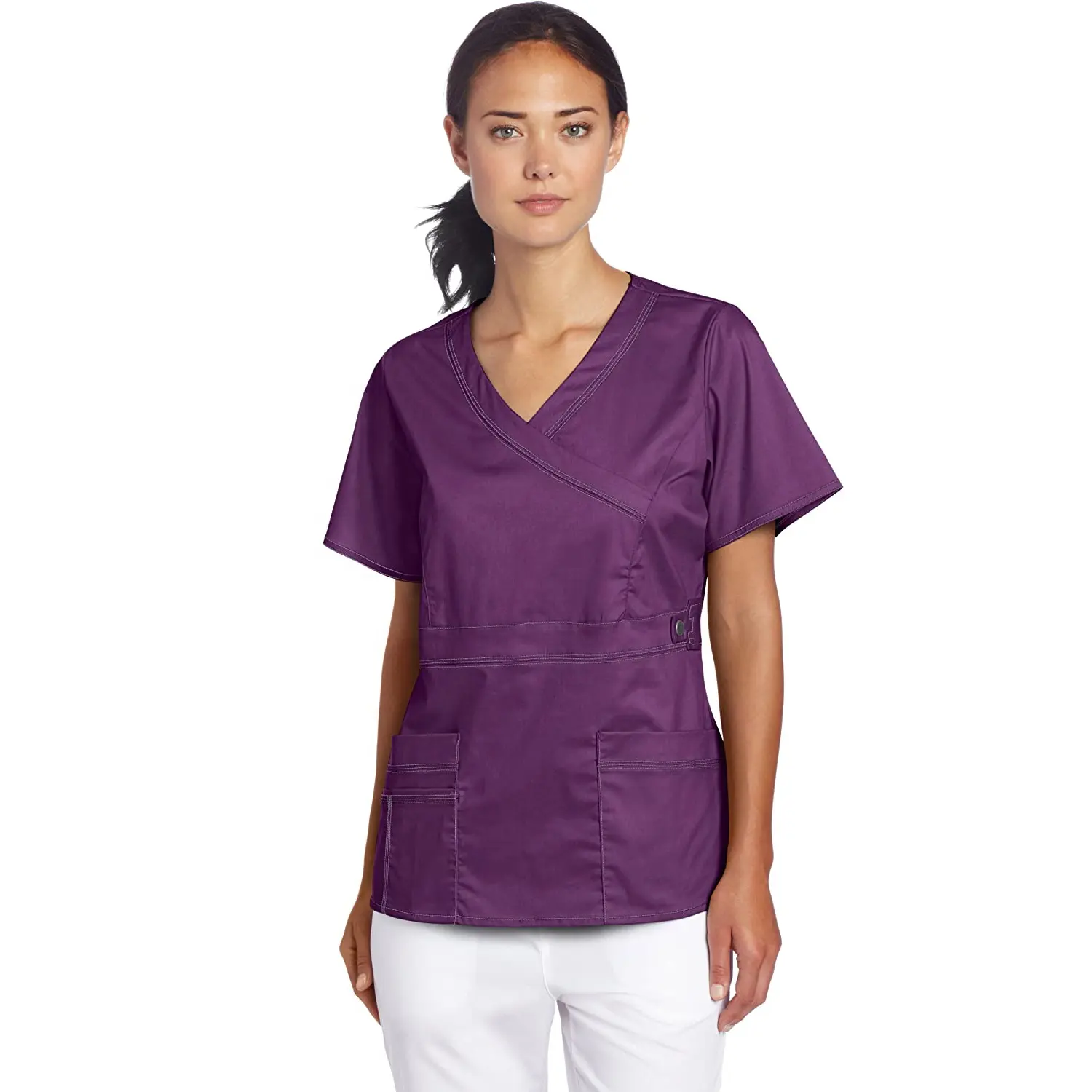 Femmes Mode Blouse Tops V-cou Manches Courtes Chemise Avec Deux Grandes Poches Beauté et Santé Vêtements SPA Uniformes de Soins Infirmiers