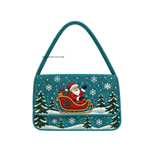 Bolso de Hombro Bordado Navideño de Moda, Diseño Geométrico con Patrón de Trineo Rojo, Bolso de Mano Hecho a Mano, Estilo Festivo de Invierno - Product Image 6