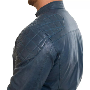 Veste de moto décontractée en cuir d'agneau bleu pour homme, col montant, fermeture éclair, grande taille, coupe classique, imperméable, pour l'hiver - Product Image 5