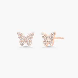Diamond Butterfly Stud <b>Earrings</b> Custom 14K 18K Solid Gold Pave Set Small Dainty Minimalist Studs Everyday Wear Stud For Women - Product Image 1