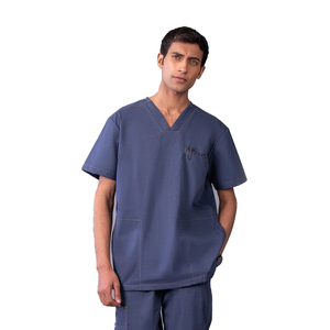Men's Blue & Black Scrub Set Cotton Woven Hospital Uniform V-Neck <b>Top</b> With Pockets And Cargo Pants Needle Detection - Product Image 3