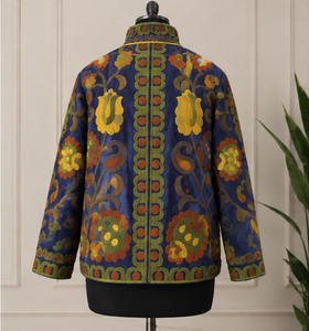 Chaqueta Reversible de Secado Rápido, Hecha a Mano, Azul Marino, Estilo Suzani, Mini Boho, con Bordado Floral, de Algodón y Terciopelo, Cuello Alto, Estilo Jaipuri - Product Image 6