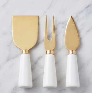 Ensemble de couteaux à fromage en acier inoxydable doré, 3 pièces, spatule, fourchette, serveur avec manche en céramique blanche pour une utilisation en cuisine - Product Image 1