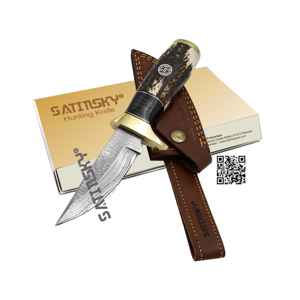 Satinsky Hunting Knife 10.5" with Stag Handle <b>Brass</b> Pommel Bolster High Carbon 1095+15N20 Manual Power Source Model SSE-11130930 - Product Image 1