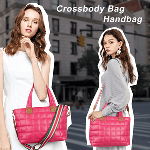 Borsa Tote Trapuntata da Donna con Cerniera, Leggera, a Tracolla, Stile Hobo, Imbottita, Colore Rosa Tinta Unita con Motivo a Righe - Product Image 5