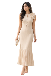 Elegante Vestido Midi de Punto con Corte Evase, Sin Mangas, Cuello Redondo, Dobladillo Plisado y Apliques Florales, Vestido de Fiesta para Mujer, Ropa de Primavera - Product Image 4