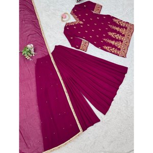 Conjunto de Top, Pantalón y Dupatta para Fiesta, con Bordado de Hilo y Lentejuelas, Talla XL - Product Image 1