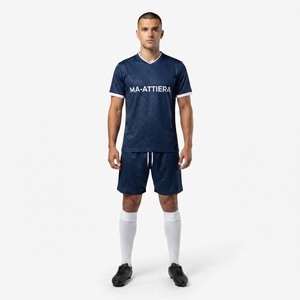 Ensemble d'uniformes de football bleu marine personnalisés, maillot de football à manches courtes et short, vêtements de sport d'équipe - Product Image 1