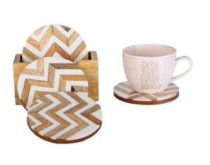 Juego de posavasos de madera natural estilo vintage con soporte, con incrustaciones de rayas de madera y resina, a mejor precio - Product Image 1