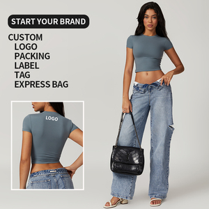 Crop top vert pour femme, manches longues, col rond, coupe ajustée, tricoté, couleur unie, décontracté, toutes saisons - Product Image 4