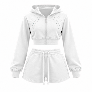 Custom Crop <b>Top</b> Hoodie Set With Silver <b>Rhinestones</b> Cotton Fleece Shorts for Women's Fashion Retailers - Product Image 6