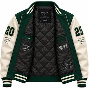 <b>Men's</b> Green <b>Cream</b> Varsity <b>Jacket</b> Embroidered Letter R Zipper Closure Preppy Style Autumn Wear - Product Image 4