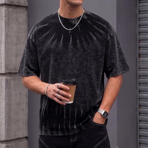 เสื้อยืดคอตตอนทรงโอเวอร์ไซส์ลายฟอกสีสไตล์วินเทจสำหรับผู้ชายรุ่นใหม่ล่าสุด แฟชั่นสตรีทแวร์ฤดูร้อน ทรงหลวม เสื้อยืดลายฟอกสี - Product Image 4