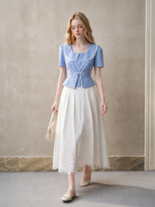 Jupe longue évasée taille haute en coton mélangé avec broderies et dentelle pour femme, modèle ESTHER (ODM/OEM) - Product Image 2