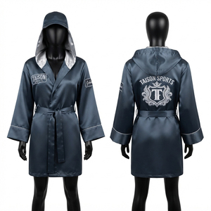 Robe de boxe en cuir de qualité supérieure 140 GSM à capuche bleu-gris avec logo brodé personnalisé, manches longues, tenue de combat d'équipe, anti-humidité - Product Image 1