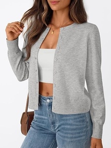 Cárdigan de punto gris para mujer, manga larga, cuello redondo, botones frontales, suéter informal, color sólido, manga completa, longitud regular - Product Image 3