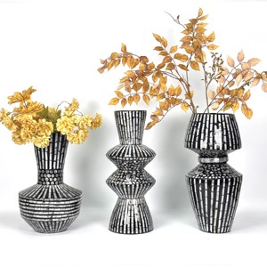 Lujo Vintage rústico Art Deco alto reloj de arena jarrón de cartón Capiz incrustaciones Vertical negro plata raya patrón hecho a mano boda - Product Image 4