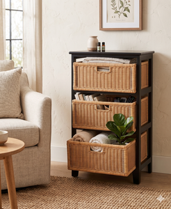 Commode en rotin naturel à 3 niveaux, meuble de rangement avec cadre en bois, commode pour salon, chambre à coucher, organisateur de meubles de maison - Product Image 4
