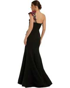 Navy Embossed High Neck Natural <b>Waist</b> Chiffon <b>Beaded</b> Mermaid Flare Sleeve Sheer Illusion Floor-Length Evening Gown - Product Image 2