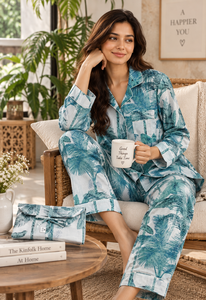 Ensemble de pyjama en coton écologique pour femmes, imprimé feuilles de palmier tropicales, chemise à boutons, pantalon à cordon de serrage assorti - Product Image 2