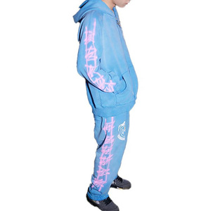 Chándal Unisex Azul con Capucha y Estampado de Letras Rosas, Estilo Urbano, Corte Holgado, Ropa Casual de Otoño, Talla Adulto - Product Image 1