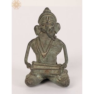 รูปปั้นพระพิฆเนศทองเหลืองขนาดเล็ก3นิ้วรูปปั้นดนตรีรูปปั้นเล่น dholak - Product Image 1