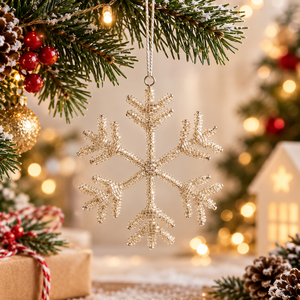 Ornement de Noël flocon de neige perlé doré, fait main, à suspendre, décoration élégante pour la maison et les fêtes - Product Image 4