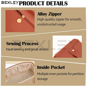 Bolsa de Belleza Color Marrón Cognac con Cierre Curvo, Acabado Cálido Tipo Sillín, Almacenamiento Compacto, Bolsas de Cosméticos de Cuero de Marca Privada - Product Image 3