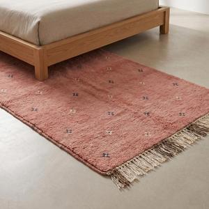 Tapis de luxe en laine tuftée à la main de style marocain rose poudré, doux et moelleux, motif tribal, tapis décoratif avec franges et pompons - Product Image 3