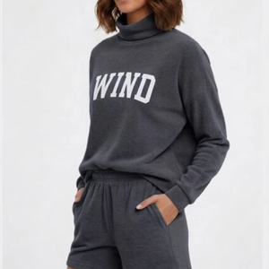 Women Winter 2 Piece Mockneck Above Knee Shorts Set Polyester Cotton Knitted Fabric Waterproof Eco Friendly Embossed Solid - Product Image 1