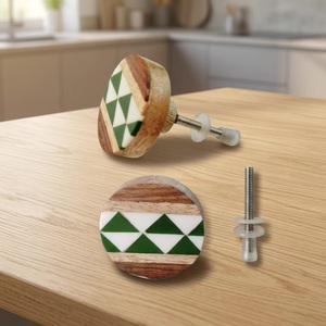 Wooden Cabinet Knob Round Green White Geometric Design <b>Rustic</b> Style Kitchen Drawer Handle Easy Installation - Product Image 1