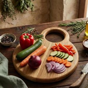 Planche à découper en bois d'acacia, design rond avec poignée, épaisse, durable, sûre pour les couteaux, parfaite pour couper, servir et une utilisation élégante en cuisine - Product Image 5