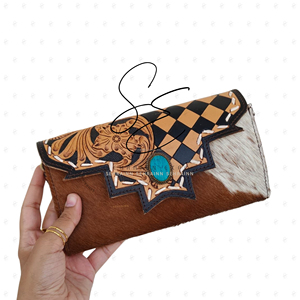Custom Checkered Design Genuine <b>Leather</b> Hair On Hide Wallet Women <b>Tooled</b> Western Cowhide Wristlet Clutch with Turquoise Stone - Product Image 2