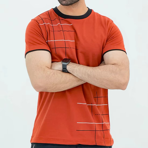 Camiseta de Manga Corta para Hombre, Diseño Nuevo, Estampado Geométrico Naranja, con Ribete en Contraste, Corte Regular, Informal, de Algodón Tejido - Product Image 4