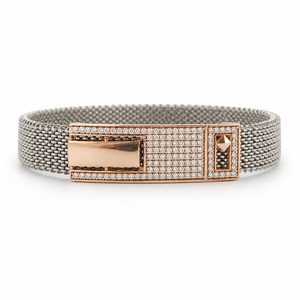 925 Sterling Silver Solid Gold Accent Cubic Zirconia Bracelet High Polish Luxury Mesh Link Geometric <b>Mens</b> Unisex for Wedding Par - Product Image 1