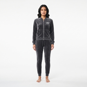 Women's Dark Gray <b>Velour</b> <b>Tracksuit</b> Full Zip Hoodie Jogger Set Solid Color Casual Winter Wear With Front Logo - Product Image 5